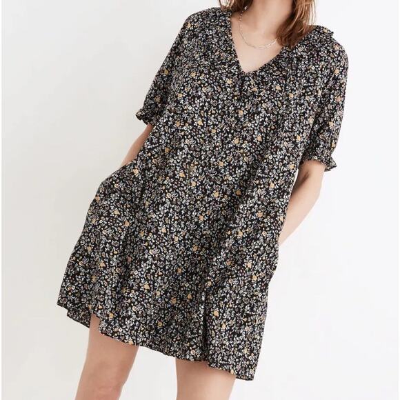 NWT XXL Madewell Black Mini Dress Ruffle Button-Front Trapeze Floral Folklore - Picture 6 of 11